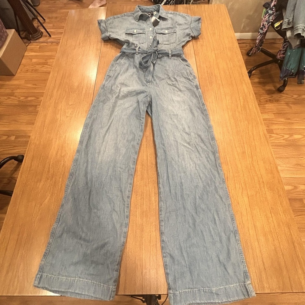 Lauren Ralph Lauren Jumpsuit Womens 2 Blue Denim Short Sleeve Belted Wide Leg